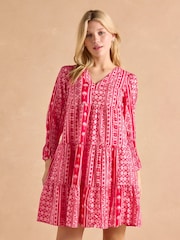 Joules Alessia Pink Cotton V-Neck 3/4 Length Sleeve Tiered Dress - Image 1 of 7