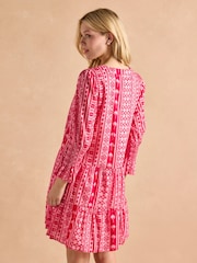 Joules Alessia Pink Cotton V-Neck 3/4 Length Sleeve Tiered Dress - Image 2 of 7