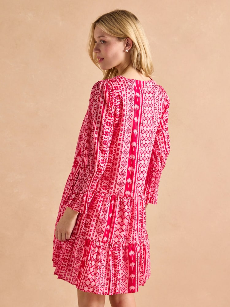 Joules Alessia Pink Cotton V-Neck 3/4 Length Sleeve Tiered Dress - Image 2 of 7