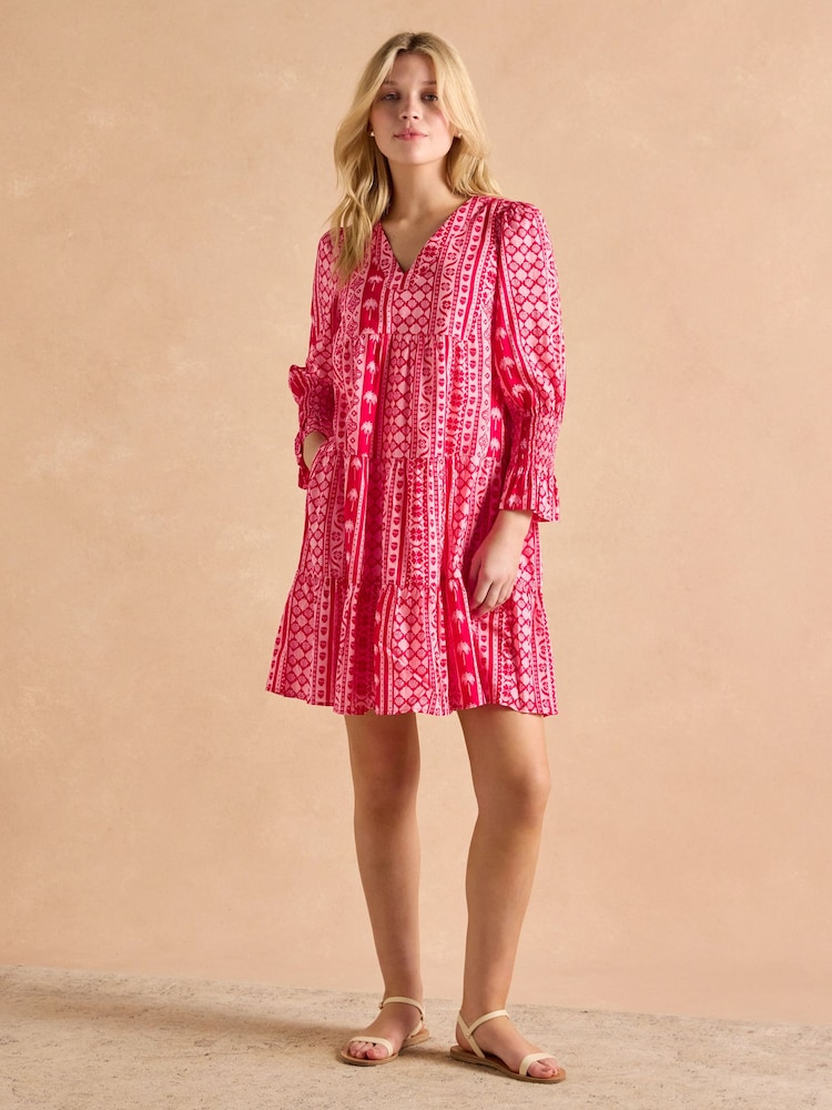 Joules Alessia Pink Cotton V-Neck 3/4 Length Sleeve Tiered Dress - Image 3 of 7