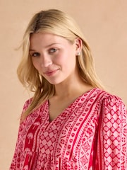 Joules Alessia Pink Cotton V-Neck 3/4 Length Sleeve Tiered Dress - Image 4 of 7