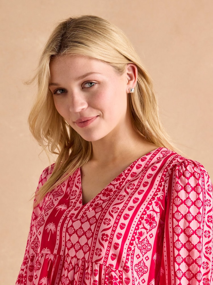 Joules Alessia Pink Cotton V-Neck 3/4 Length Sleeve Tiered Dress - Image 4 of 7