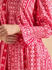 Joules Alessia Pink Cotton V-Neck 3/4 Length Sleeve Tiered Dress - Image 5 of 7