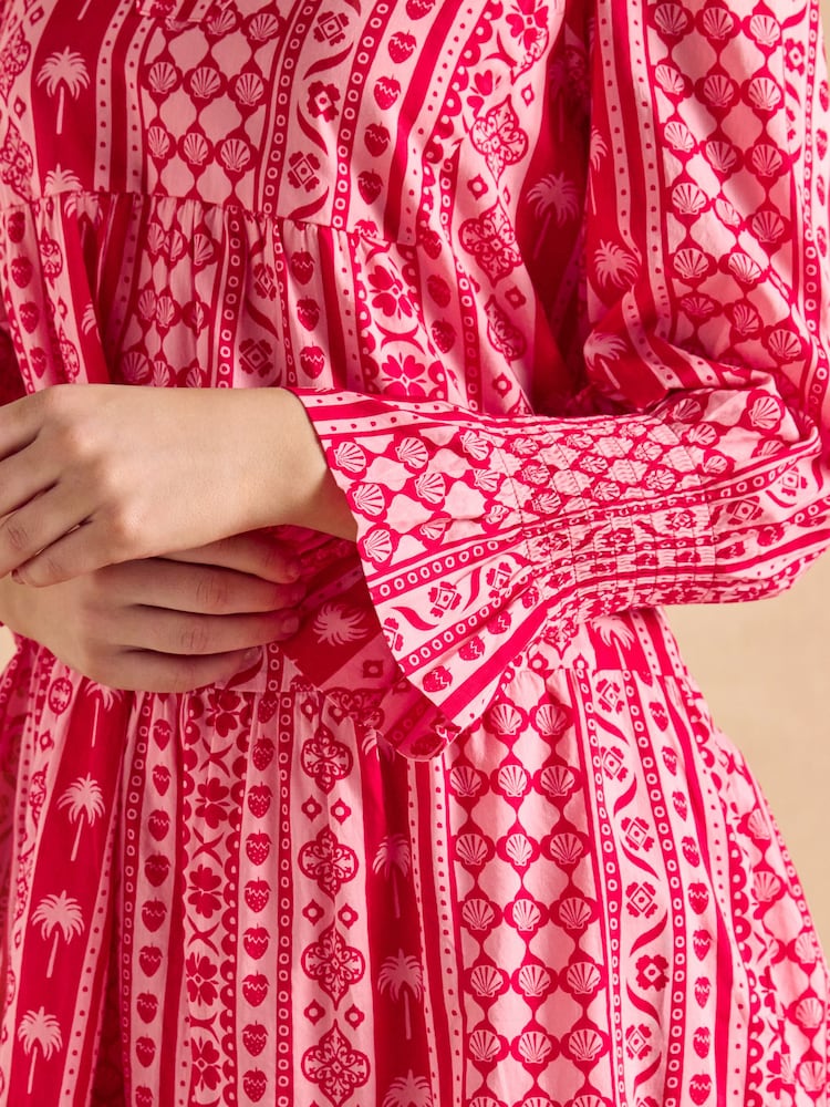 Joules Alessia Pink Cotton V-Neck 3/4 Length Sleeve Tiered Dress - Image 5 of 7