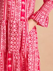 Joules Alessia Pink Cotton V-Neck 3/4 Length Sleeve Tiered Dress - Image 6 of 7