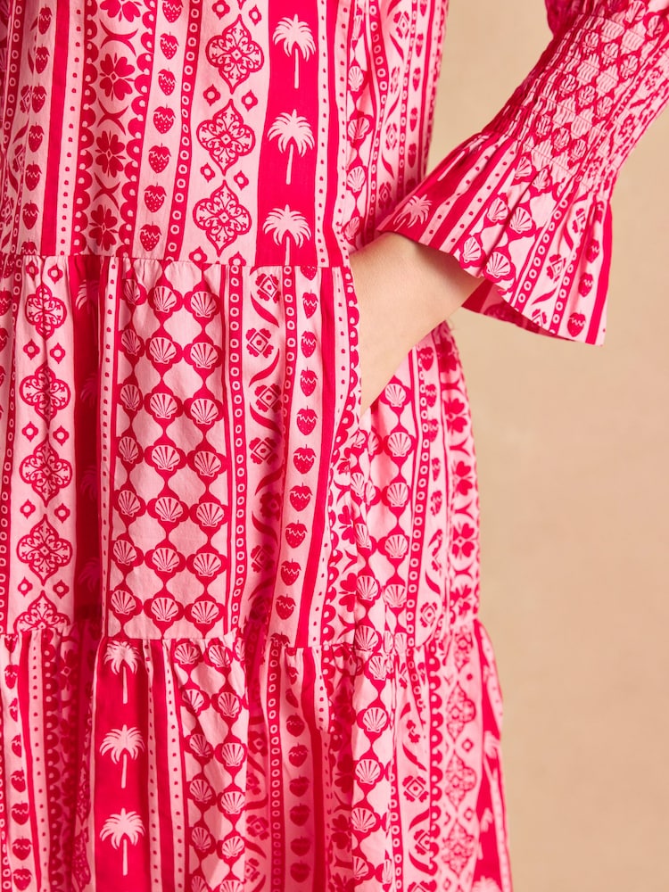 Joules Alessia Pink Cotton V-Neck 3/4 Length Sleeve Tiered Dress - Image 6 of 7