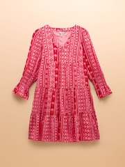 Joules Alessia Pink Cotton V-Neck 3/4 Length Sleeve Tiered Dress - Image 7 of 7