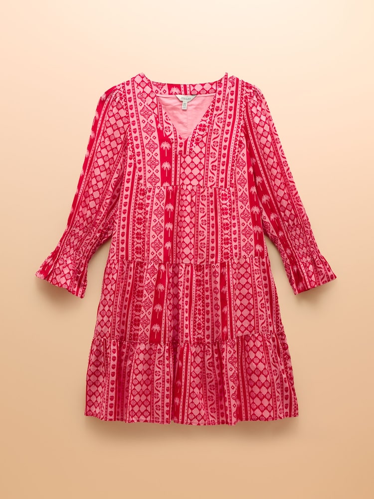 Joules Alessia Pink Cotton V-Neck 3/4 Length Sleeve Tiered Dress - Image 7 of 7