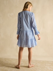 Joules Alessia Blue Cotton V-Neck 3/4 Length Sleeve Tiered Dress - Image 3 of 7