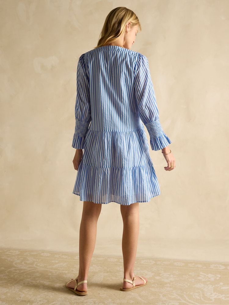 Joules Alessia Blue Stripe Cotton V-Neck 3/4 Length Sleeve Tiered Dress - Image 3 of 7