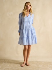 Joules Alessia Blue Cotton V-Neck 3/4 Length Sleeve Tiered Dress - Image 4 of 7