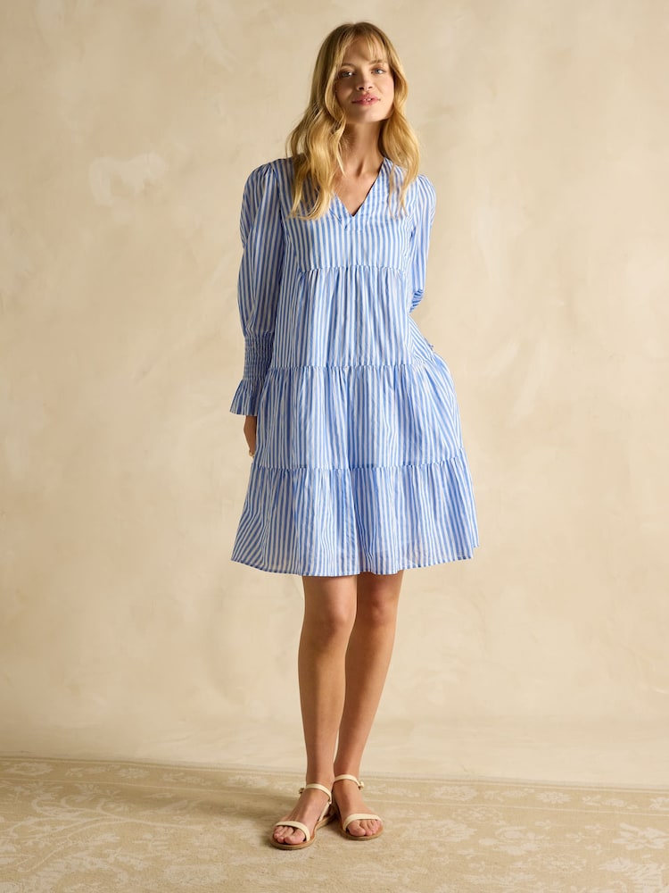 Joules Alessia Blue Stripe Cotton V-Neck 3/4 Length Sleeve Tiered Dress - Image 4 of 7