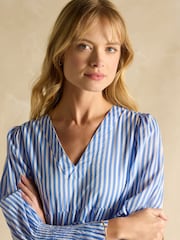 Joules Alessia Blue Cotton V-Neck 3/4 Length Sleeve Tiered Dress - Image 5 of 7