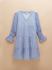 Joules Alessia Blue Cotton V-Neck 3/4 Length Sleeve Tiered Dress - Image 7 of 7