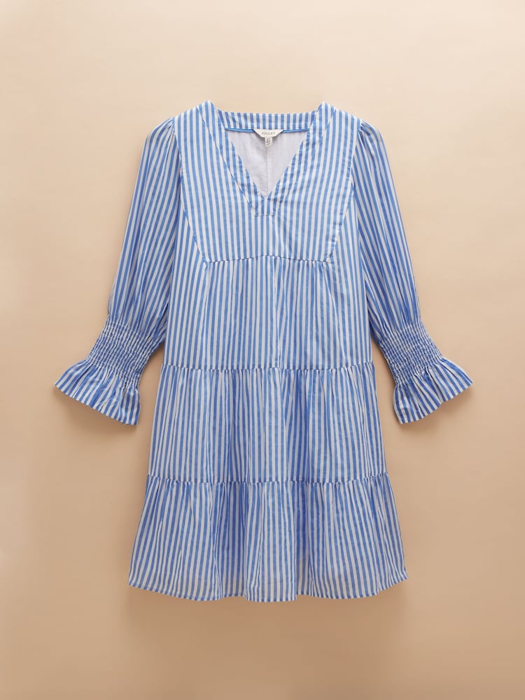 Joules Alessia Blue Cotton V-Neck 3/4 Length Sleeve Tiered Dress - Image 7 of 7