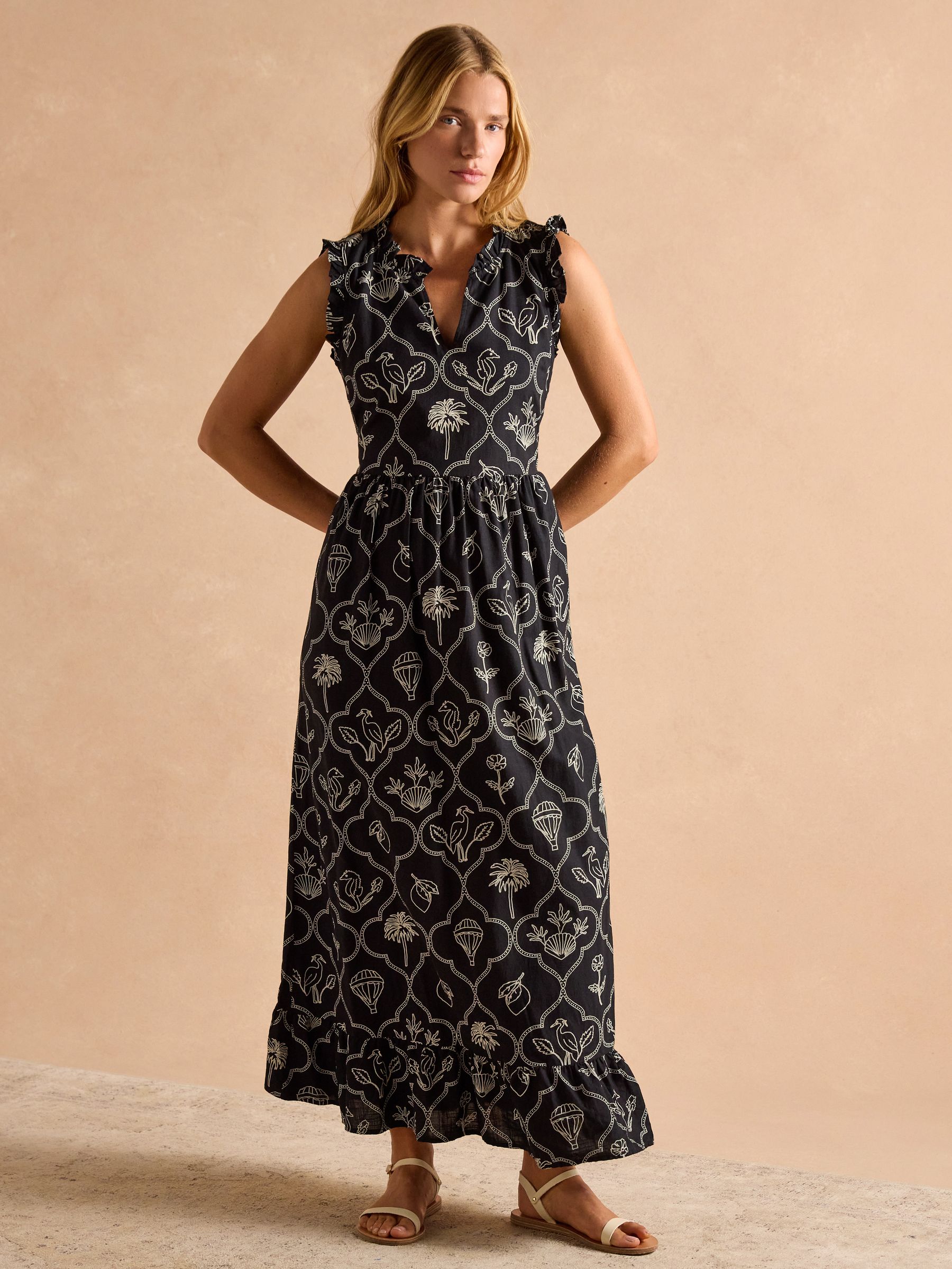 Joules Sophia Black Ruffle Shoulder Midi Dress