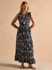 Joules Sophia Black Ruffle Shoulder Midi Dress - Image 1 of 9