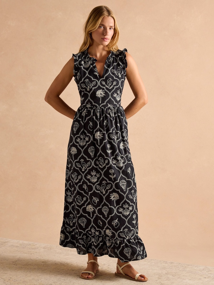 Joules Sophia Black Ruffle Shoulder Midi Dress - Image 1 of 9