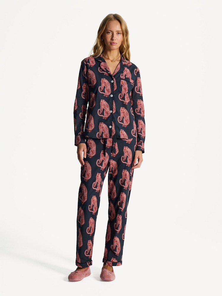 Desmond & Dempsey Tiger Pink/Navy Long Pyjamas Set - Image 1 of 7 Desmond & Dempsey Tiger Pink/Navy Long Pyjamas Set - Image 1 of 7