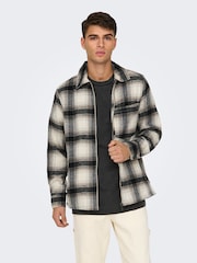 Only & Sons White Check Wool Zip Up Overshirt - Image 1 of 9
