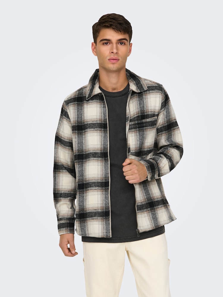 Only & Sons White Check Wool Zip Up Overshirt - Image 1 of 9