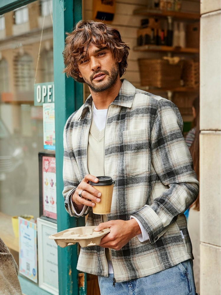 Only & Sons White Check Wool Zip Up Overshirt - Image 2 of 9