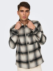 Only & Sons White Check Wool Zip Up Overshirt - Image 6 of 9