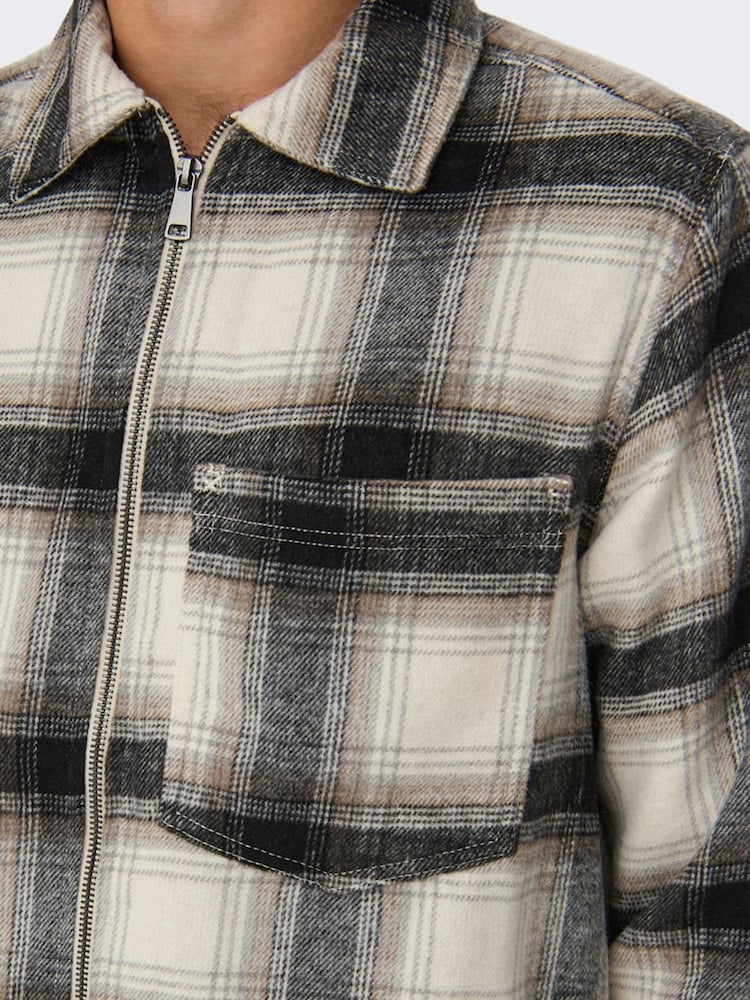 Only & Sons White Check Wool Zip Up Overshirt - Image 7 of 9