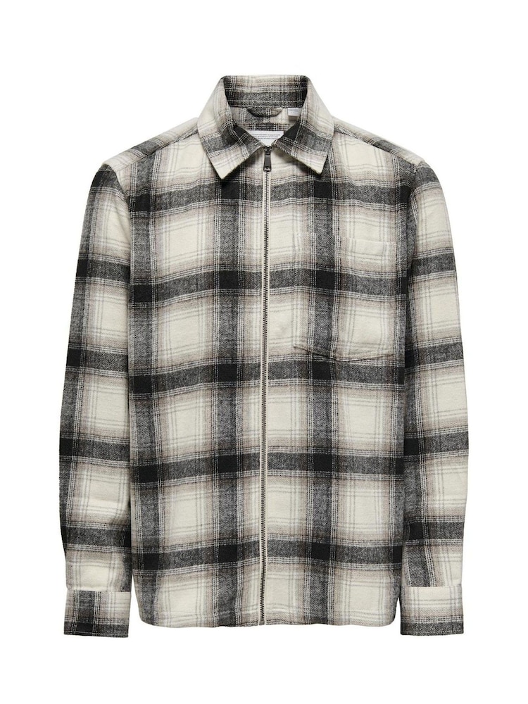 Only & Sons White Check Wool Zip Up Overshirt - Image 8 of 9