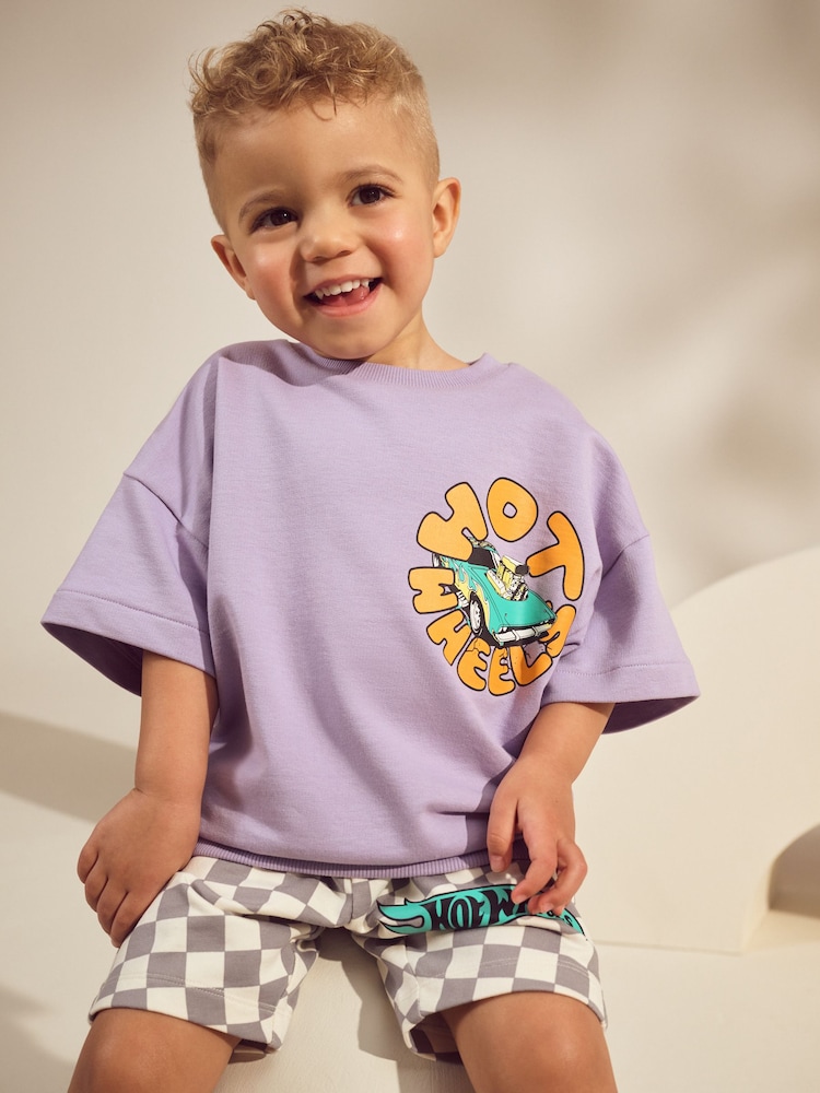 Lilac Purple Hot Wheels Short Sleeve Crewneck & Checkerboard Shorts 100% Cotton Set (3mths-8yrs) - Image 1 of 10