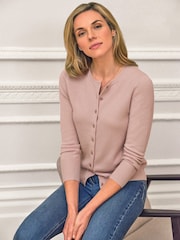 Pure Collection Cashmere Crew Neck Cardigan with Colour Matched Buttons - Image 1 of 2