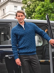 Pure Collection Blue Wool Cashmere Quarter Zip Jumper with Cable Pattern - Bild 1 von 3