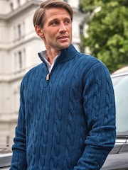 Pure Collection Blue Wool Cashmere Quarter Zip Jumper with Cable Pattern - Bild 3 von 3
