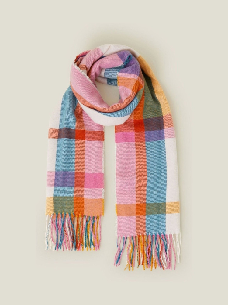 Accessorize Pink/Blue Colourful Check Tassel Winter Blanket Scarf - Image 1 of 3 Accessorize Pink/Blue Colourful Check Tassel Winter Blanket Scarf - Image 1 of 3