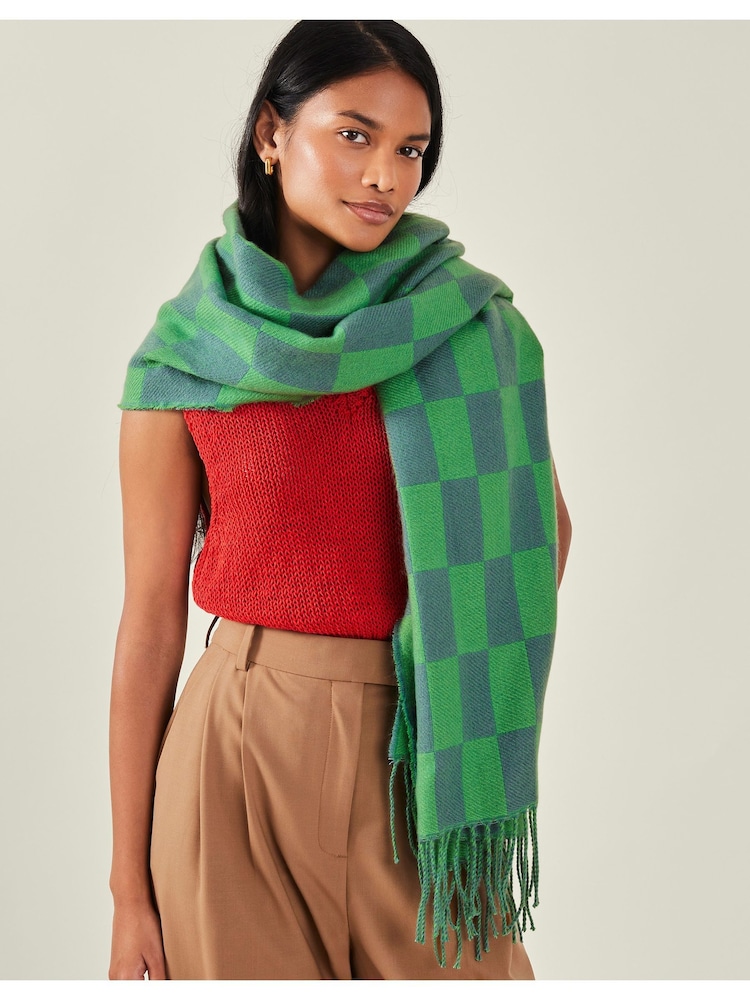 Accessorize Green Checkerboard Winter Tassel Scarf - Image 1 of 3 Accessorize Green Checkerboard Winter Tassel Scarf - Image 1 of 3
