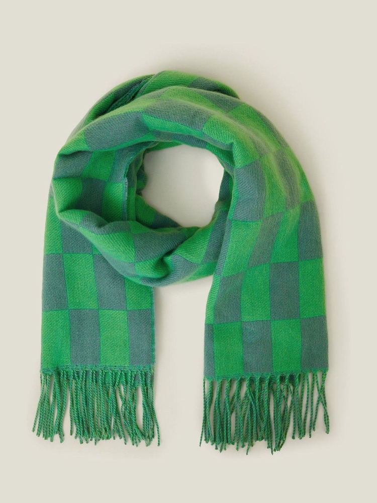Accessorize Green Checkerboard Winter Tassel Scarf - Image 2 of 3 Accessorize Green Checkerboard Winter Tassel Scarf - Image 2 of 3