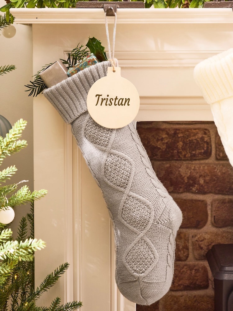 Personalised Grey Cable Knit Christmas Stocking by Dibor - Image 1 of 5 Personalised Grey Cable Knit Christmas Stocking by Dibor - Image 1 of 5