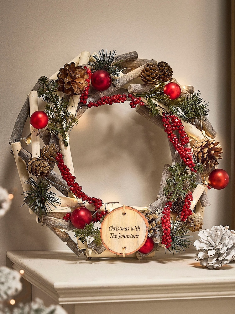 Personalised Woodland Berries Light Up Christmas Wreath by Dibor - Image 1 of 4