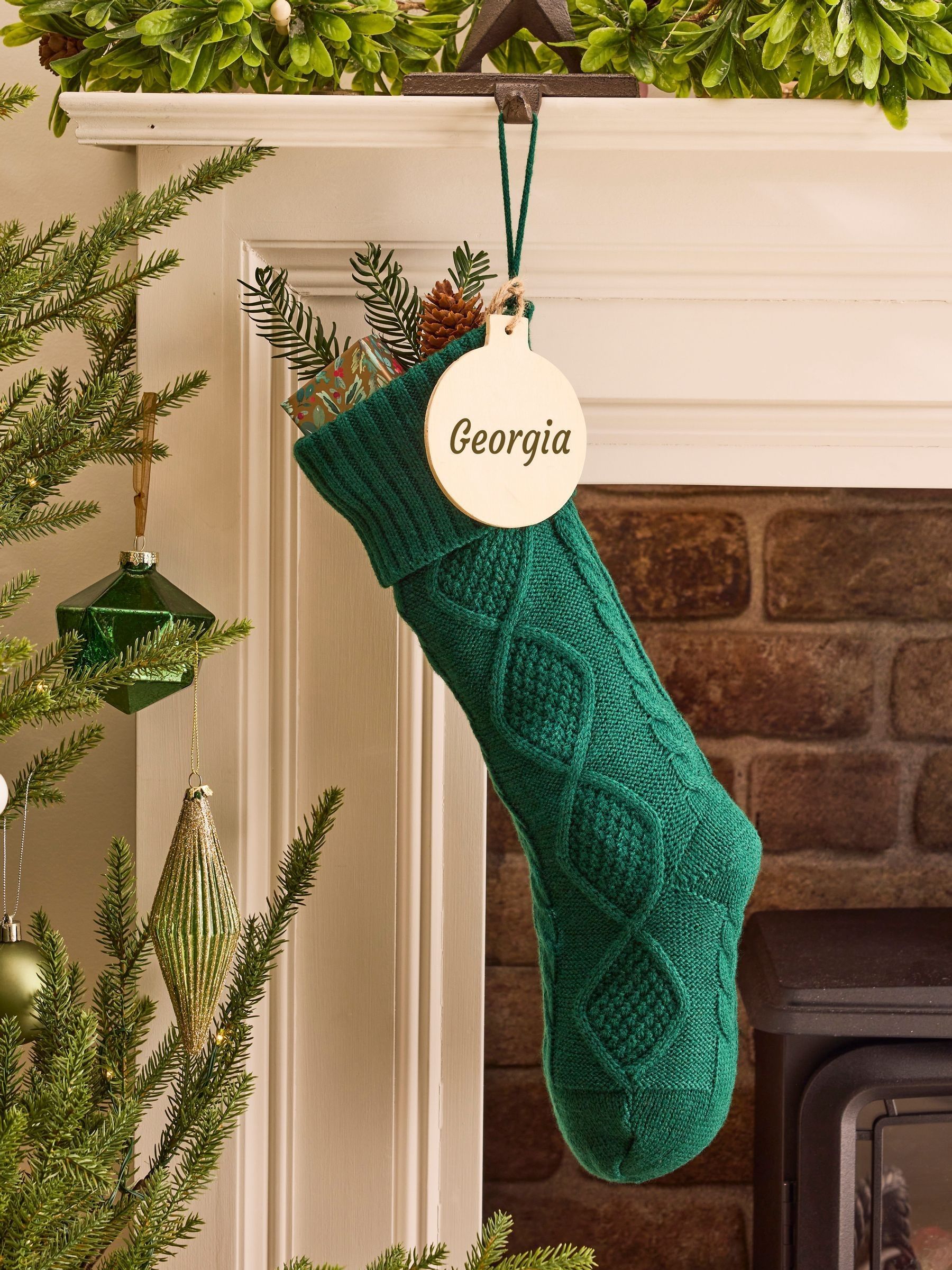 Dibor Unisex Kids Green Personalised Cable Knit Christmas Stocking By - Image 1