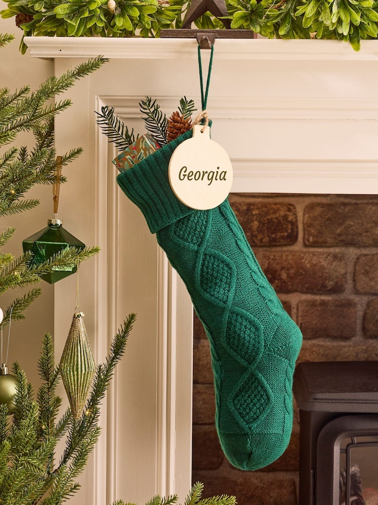 Personalised Green Cable Knit Christmas Stocking by Dibor - Image 1 of 5