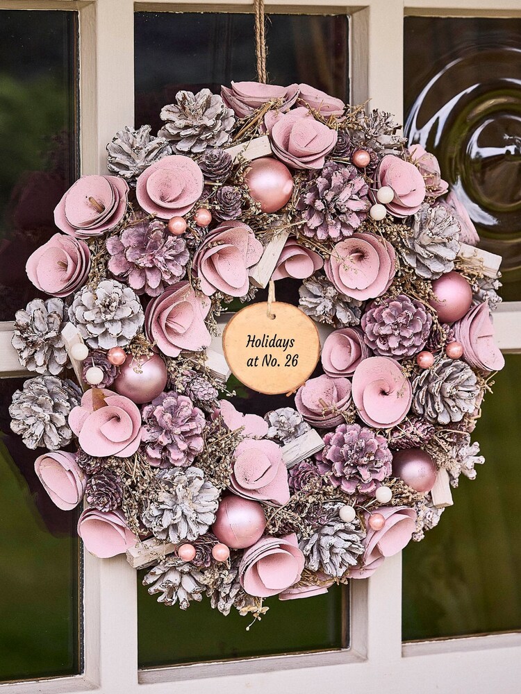 Personalised Pink Roses Christmas Wreath by Dibor - Image 1 of 5