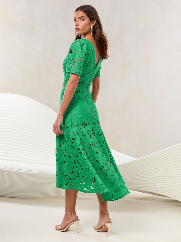 Lipsy Green Premium Broderie Lace Short Sleeve V-Neck High Low Midi Dress - Image 5 of 5