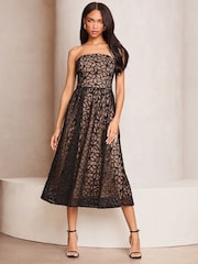 Lipsy Black Premium Lace Bandeau Prom Midi Dress - Image 1 of 4