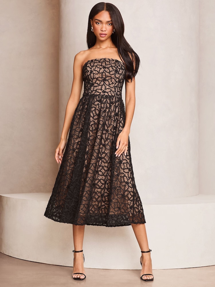 Lipsy Black Premium Lace Bandeau Prom Midi Dress - Image 1 of 4