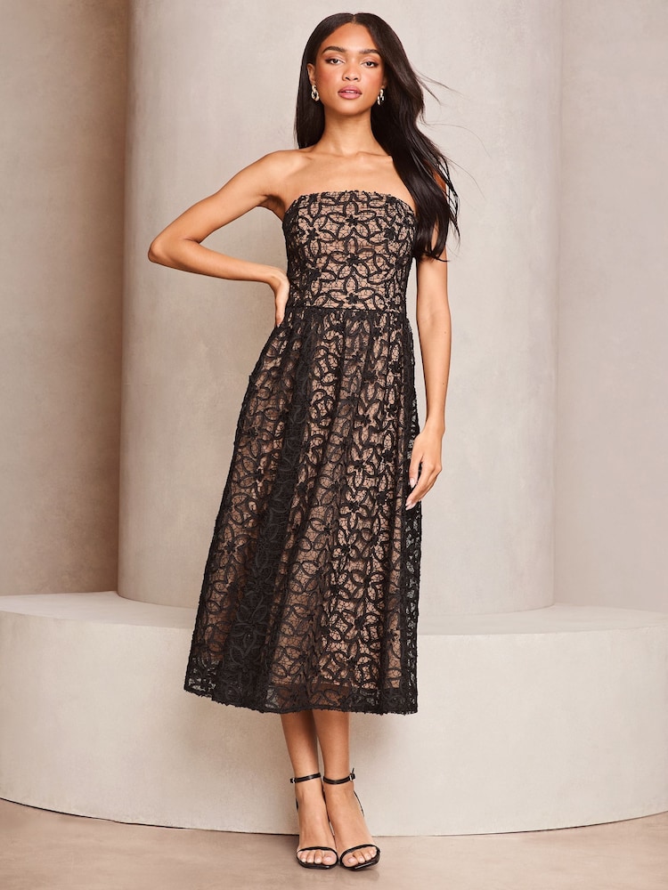 Lipsy Black Premium Lace Bandeau Prom Midi Dress - Image 4 of 4