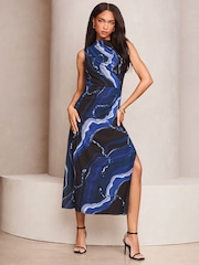 Lipsy Blue Mineral Print Sequin Embelished Sleeveless Midi Dress - Image 1 of 5