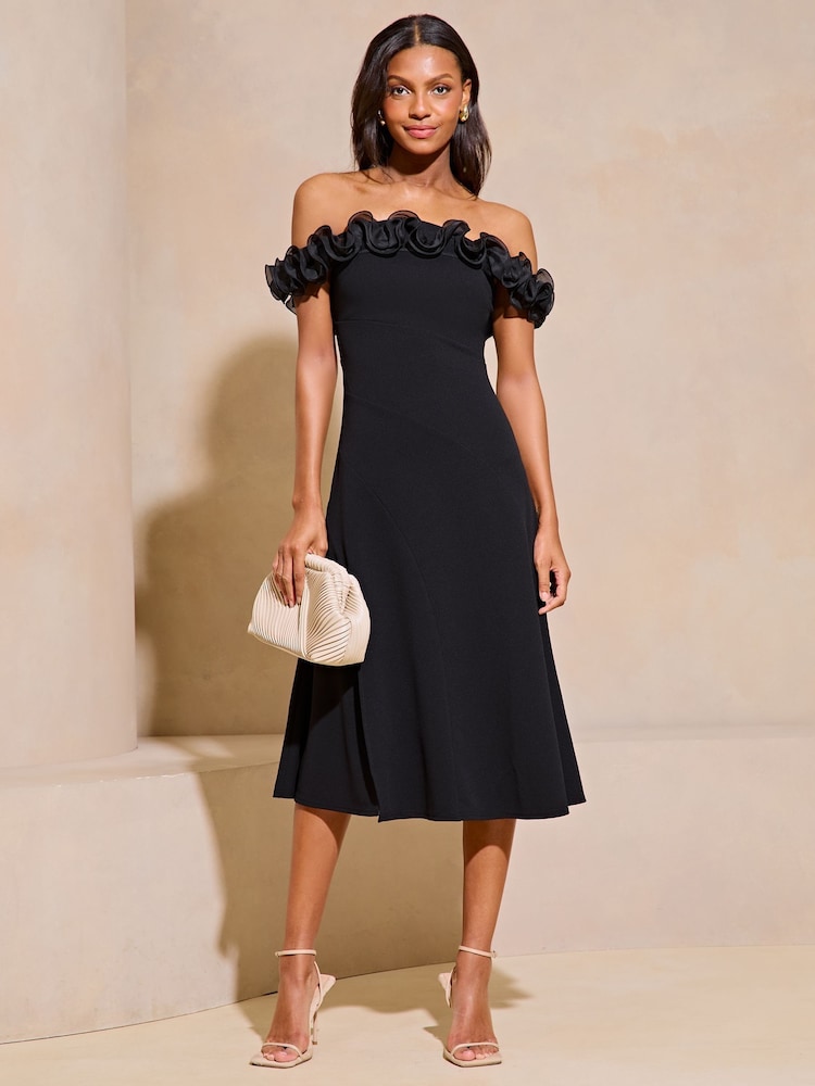 Lipsy Black Ruffle Bardot Fit And Flare Midi Dress - Image 1 of 1