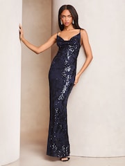 Lipsy Navy 2 Cowl Neck Sequin Maxi Dress - Image 1 of 4