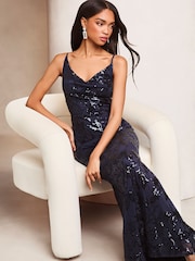 Lipsy Navy 2 Cowl Neck Sequin Maxi Dress - Image 3 of 4