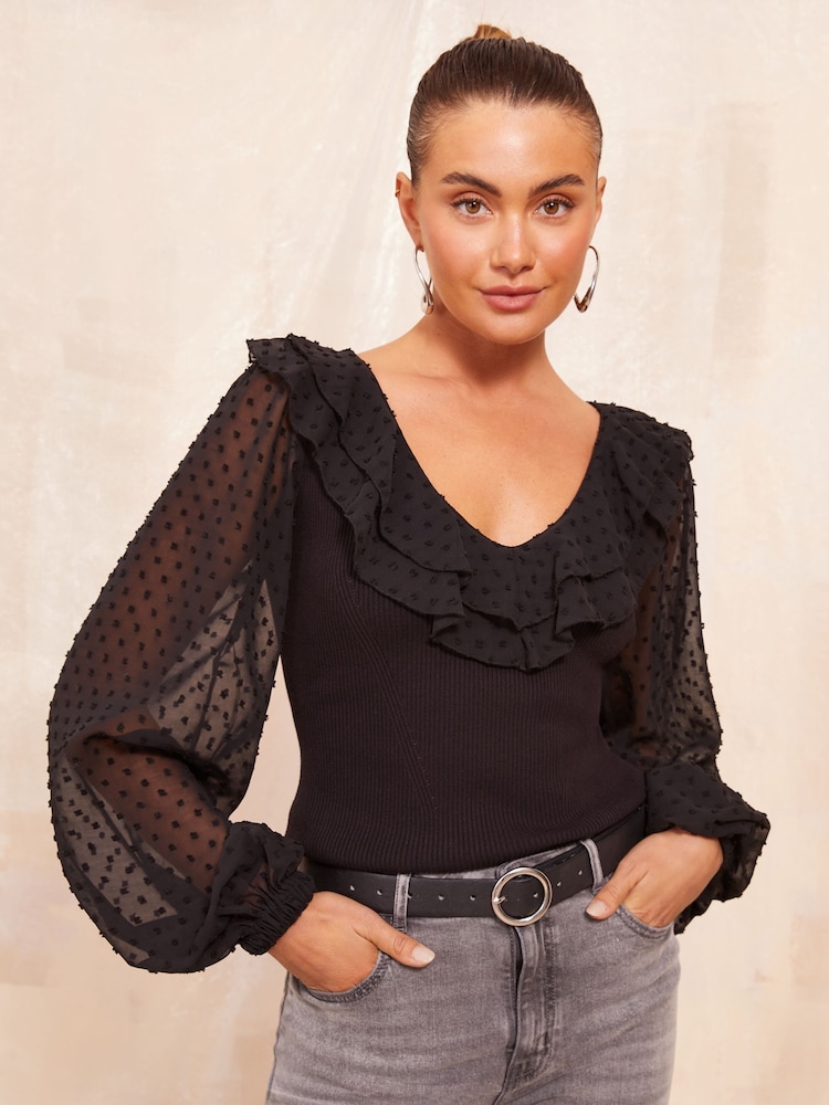 Friends Like These Black Dobby Sleeves Knitted Top - Image 1 of 4
